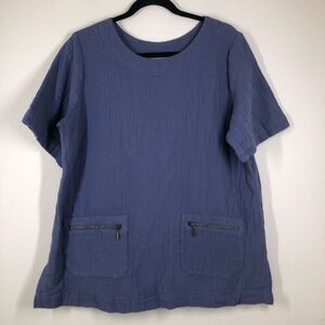 Soft Surroundings Gauze Cotton Mirage Tunic Top Zipper Pockets Blue Blouse Large